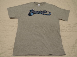 Grey cotton/polyester t-shirt with Ringtails logo.